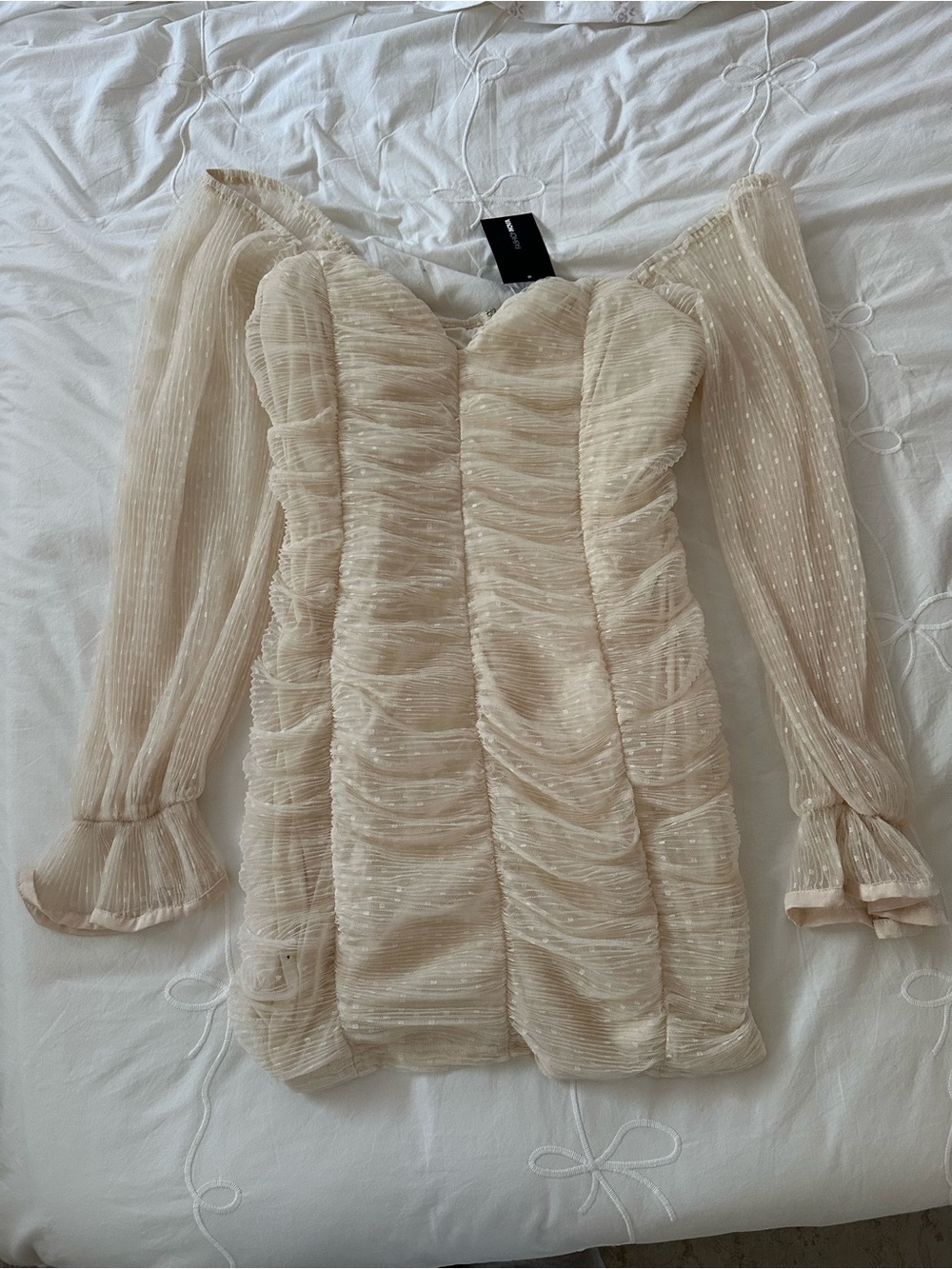 Fashion Nova NWT Chiffon Ruched Off-Shoulder Mini Dress in Ivory 2X